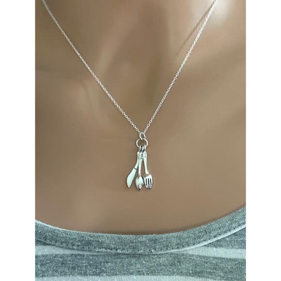 Sterling Silver Cutlery Necklace, Silver Spoon, Fork and Knife Necklace - Picture 4 of 5